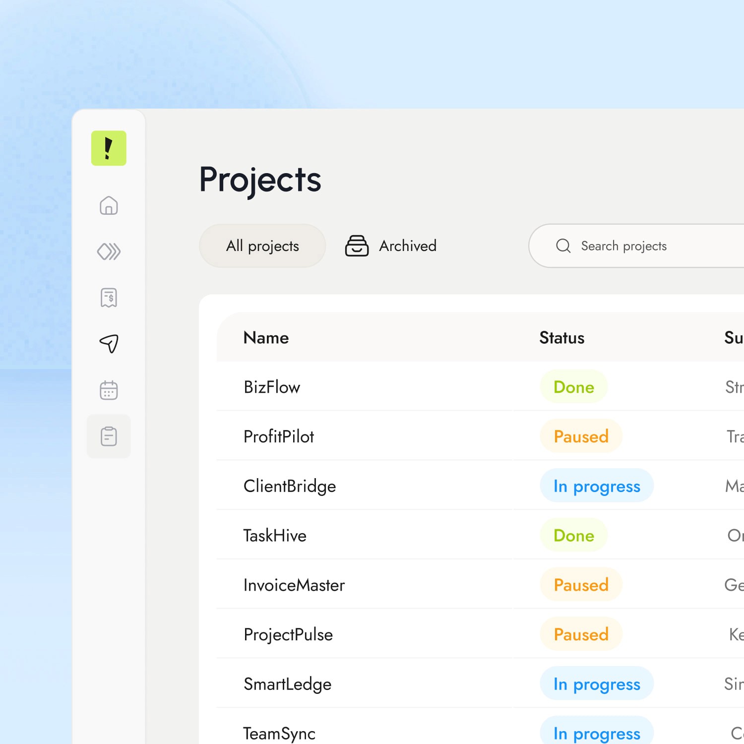 Project list interface
